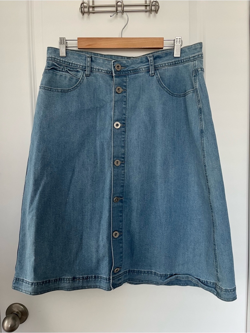 Amazon Blue Button-Front Denim Midi Skirt